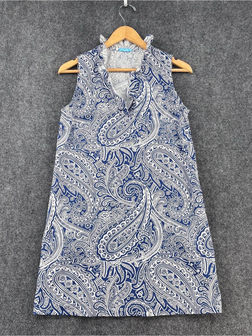 J McLaughlin Classic Durham Blue White Paisley Shift Dress Ruffle Neck Size XS